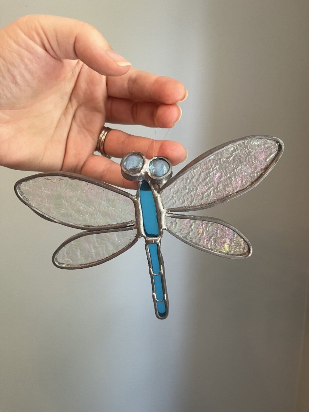 Stained Glass Dragonfly Suncatcher With Iridescent Wings & Blue Body 6" Handmade